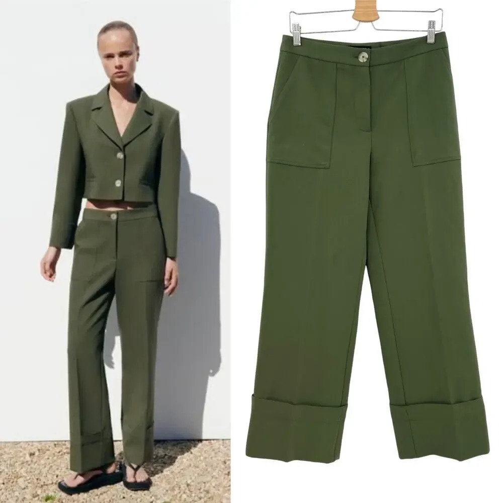 Zara Pants Trousers Straight Leg Turned Up Cuff Green Size Medium‎